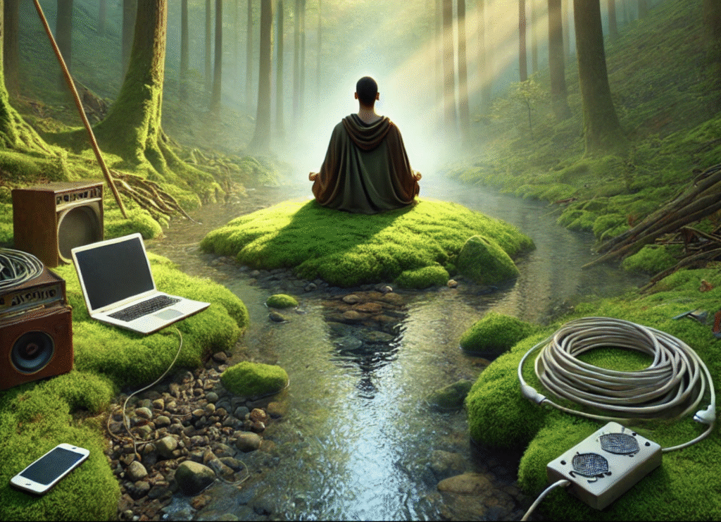 A person meditating peacefully with a phone nearby, symbolizing balance between mindfulness and technology.